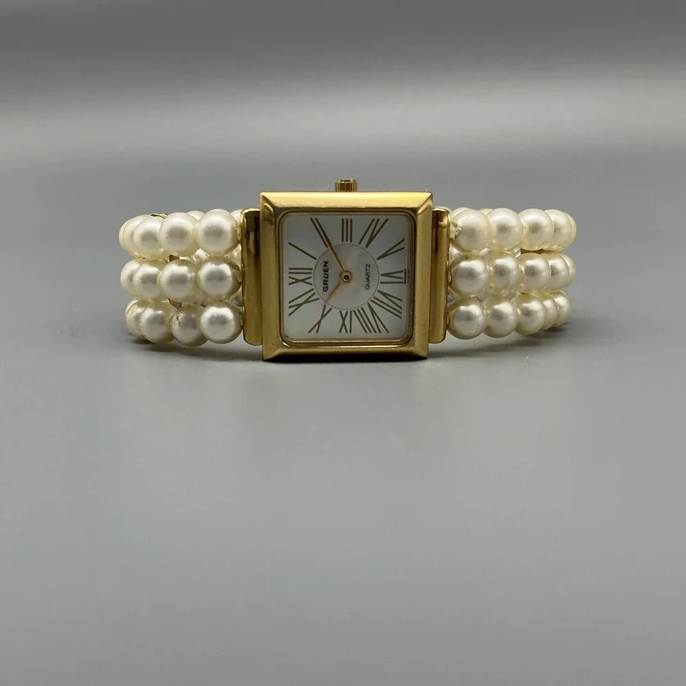 Gruen Womens Watch 22mm Square MOP Faux Pearl Band Gold Tone New Battey 7.25